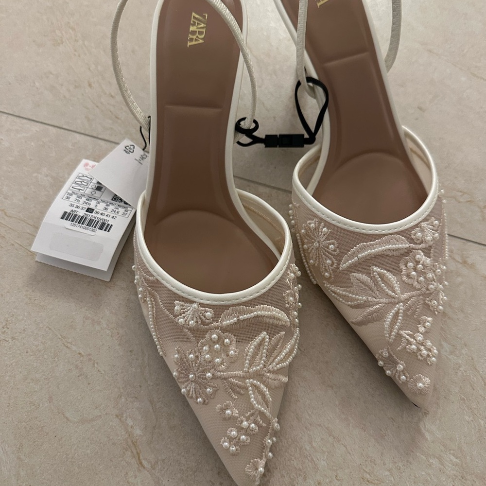 Zara Women's White Embroidered Sling Back heel